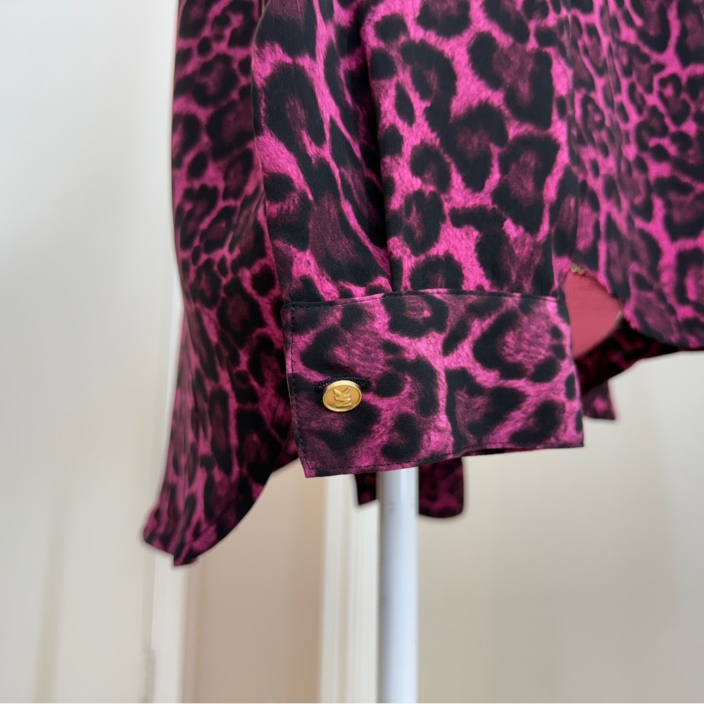 Michael Kors Women Top Shirt Magenta Black Leopard/Animal Print Button Up Size L - Picture 4 of 8